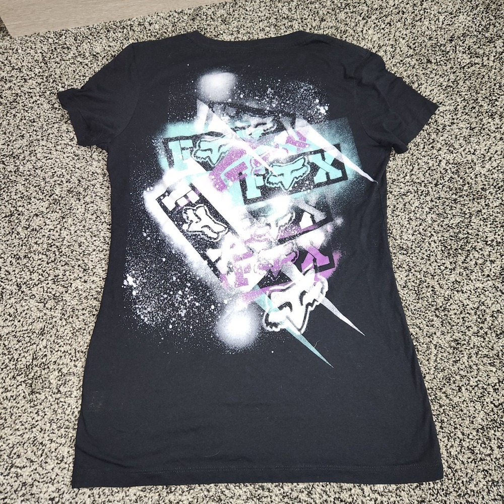 Y2k Fox Racing Splatter Paint V Neck Black Teal Skater Dirtbike Punk Grunge Sz S